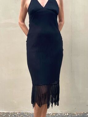Black Halter Midi Dress with Sheer Fringe Hemline